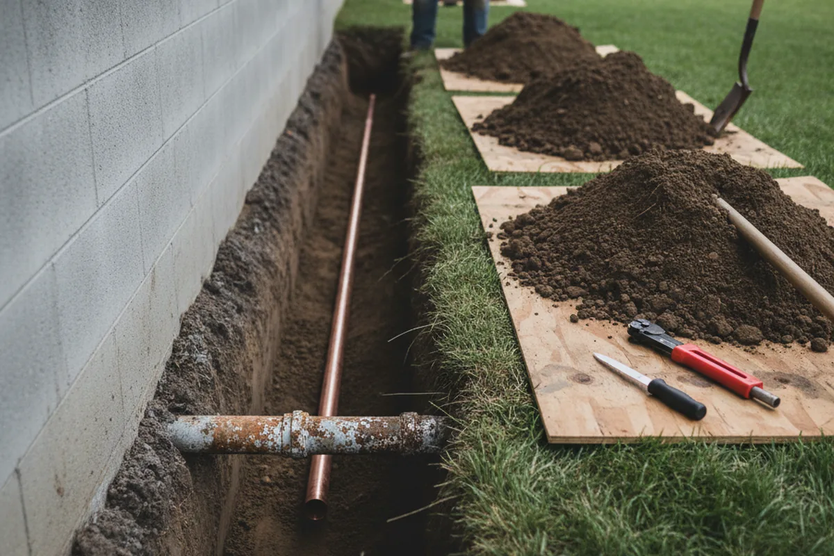 Excavated water line trench during Water Softener Installation in Harwick